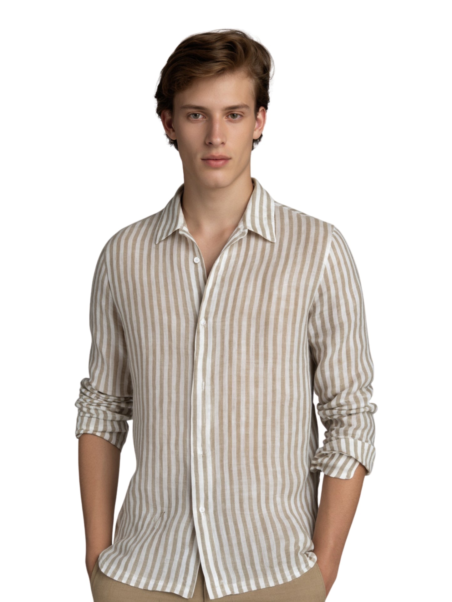 Camisa City Casual Regular Fit Arena Rayas Textura Lino