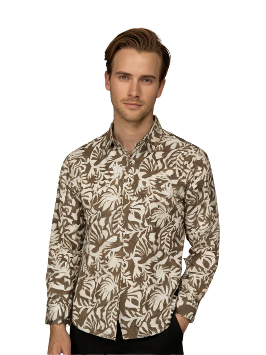Camisa City Casual Regular Fit Follaje Caqui Textura Lino