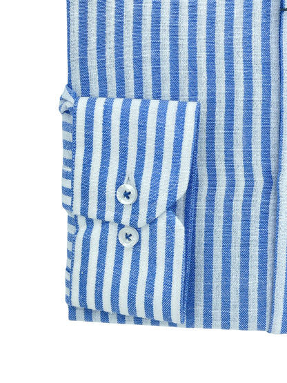 Camisa City Casual Slim Fit Azul Rayas Textura Lino